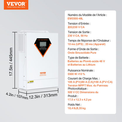 Hybrid Solar Inverter, 5500W, Pure Sine Wave Off-Grid Inverter Charger, 230V AC All in One Power Inverter with Build-in 100A MPPT Solar Charge Controller, Support Solar Utility Hybrid Charging