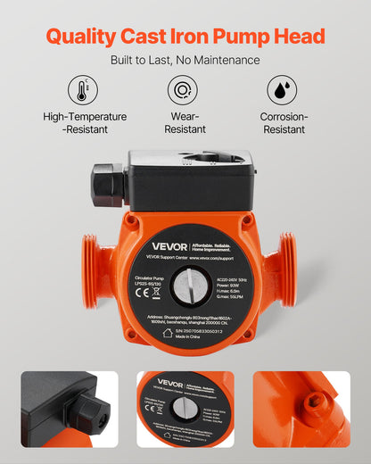 LPS25-6S/130 Umwälzpumpe aus Gusseisen, 1/8 PS, 220–240 V, 55 l/min Warmwasser-Umwälzpumpe, Gewindeanschluss, 3-stufige Geschwindigkeitsregelung, leiser Betrieb, für Heizsysteme im Wohnbereich