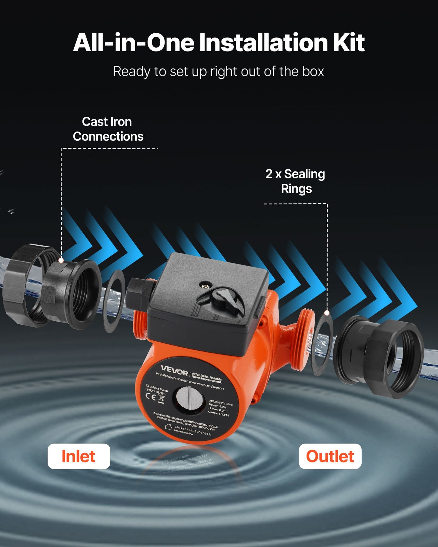 LPS25-6S/130 Umwälzpumpe aus Gusseisen, 1/8 PS, 220–240 V, 55 l/min Warmwasser-Umwälzpumpe, Gewindeanschluss, 3-stufige Geschwindigkeitsregelung, leiser Betrieb, für Heizsysteme im Wohnbereich