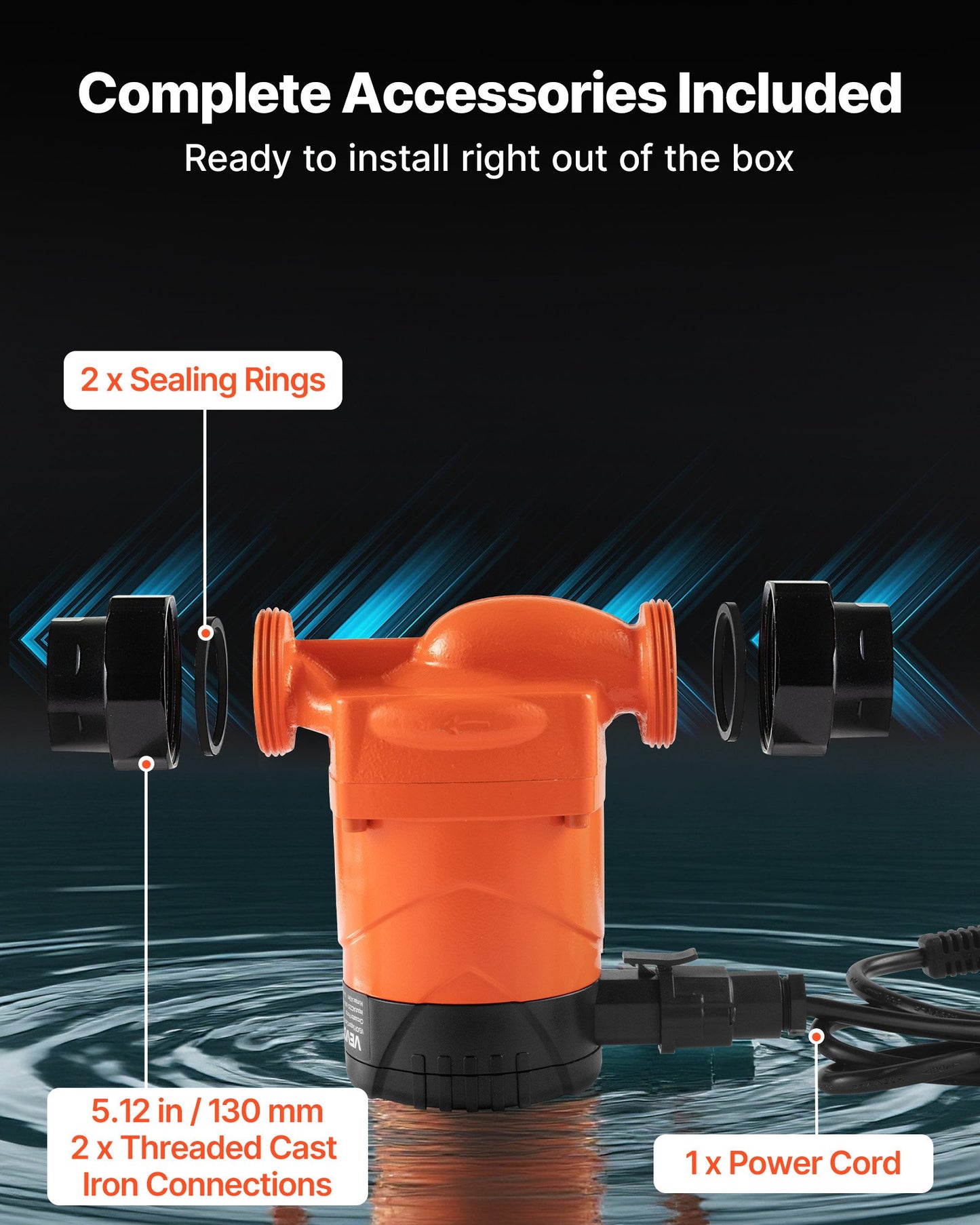 Hocheffiziente Umwälzpumpe LPS25-6BP/130, 58 l/min, max. Förderhöhe 4 m, Warmwasser-Umwälzpumpe aus Gusseisen, Gewindeanschluss, Rückschlagventil, leiser Betrieb, für Heizsysteme im Wohnbereich