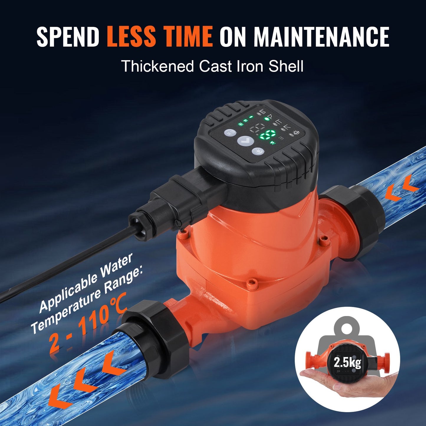 LPS25-6BP-180 Hot Water Recirculating Pump, 220V, 45W 60 L/min High Efficiency Circulator Pump, EMC Automatic Water Circulation Pump 38 mm(1.5") Threaded NPT Circulator Pump for Water Heater System