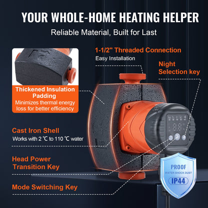 LPS25-6BP-180 Hot Water Recirculating Pump, 220V, 45W 60 L/min High Efficiency Circulator Pump, EMC Automatic Water Circulation Pump 38 mm(1.5") Threaded NPT Circulator Pump for Water Heater System