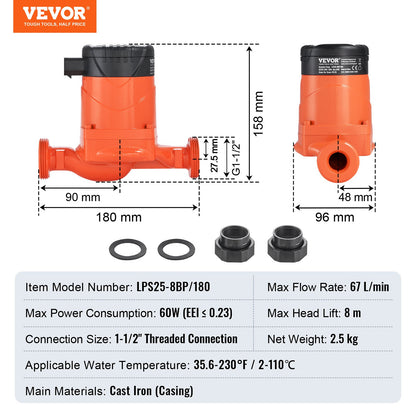 LPS25-8BP-180 Warmwasser-Umwälzpumpe, 220 V, 60 W, 67 l/min, Hocheffizienz-Umwälzpumpe, EMV-konforme automatische Wasserumwälzpumpe, 38 mm (1,5") NPT-Gewinde, Umwälzpumpe für Warmwassersysteme