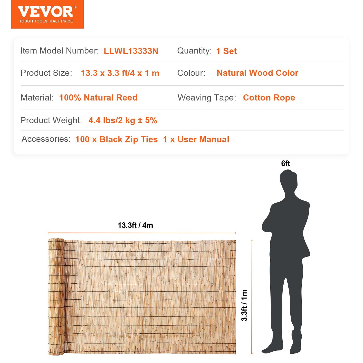 Natural Reed Fencing, 3.3 ft x 13.3 ft, Reed Screen Curtain Balcony Reed Fence Roll for Outdoor Backyard Patio, Decorative Fence for Backyard Garden Fencing Divider, Privacy Screen Panel Curtain