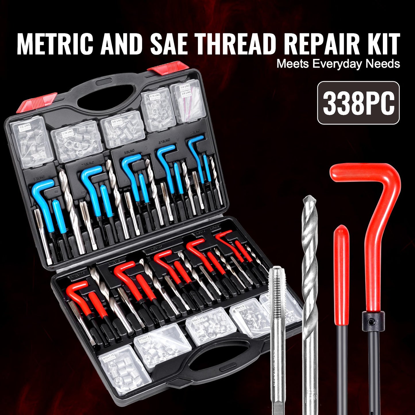 Helicoil Thread Repair Kit, 338-Piece SAE and Metric Rethreading Tool Kit, M5, M6, M8, M10, M12, 1/4", 5/16", 3/8", 7/16", 1/2", HSS Drill Bits Thread Inserts Taps Breakoff Installation Tools