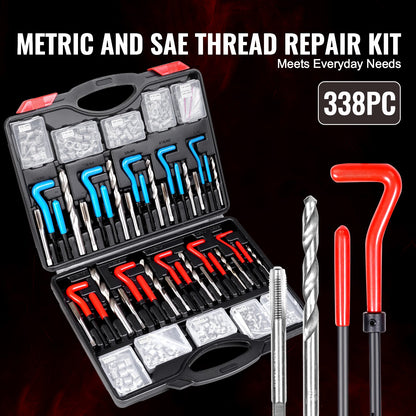 Helicoil Thread Repair Kit, 338-Piece SAE and Metric Rethreading Tool Kit, M5, M6, M8, M10, M12, 1/4", 5/16", 3/8", 7/16", 1/2", HSS Drill Bits Thread Inserts Taps Breakoff Installation Tools