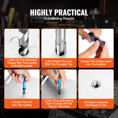 Helicoil Thread Repair Kit, 338-Piece SAE and Metric Rethreading Tool Kit, M5, M6, M8, M10, M12, 1/4", 5/16", 3/8", 7/16", 1/2", HSS Drill Bits Thread Inserts Taps Breakoff Installation Tools