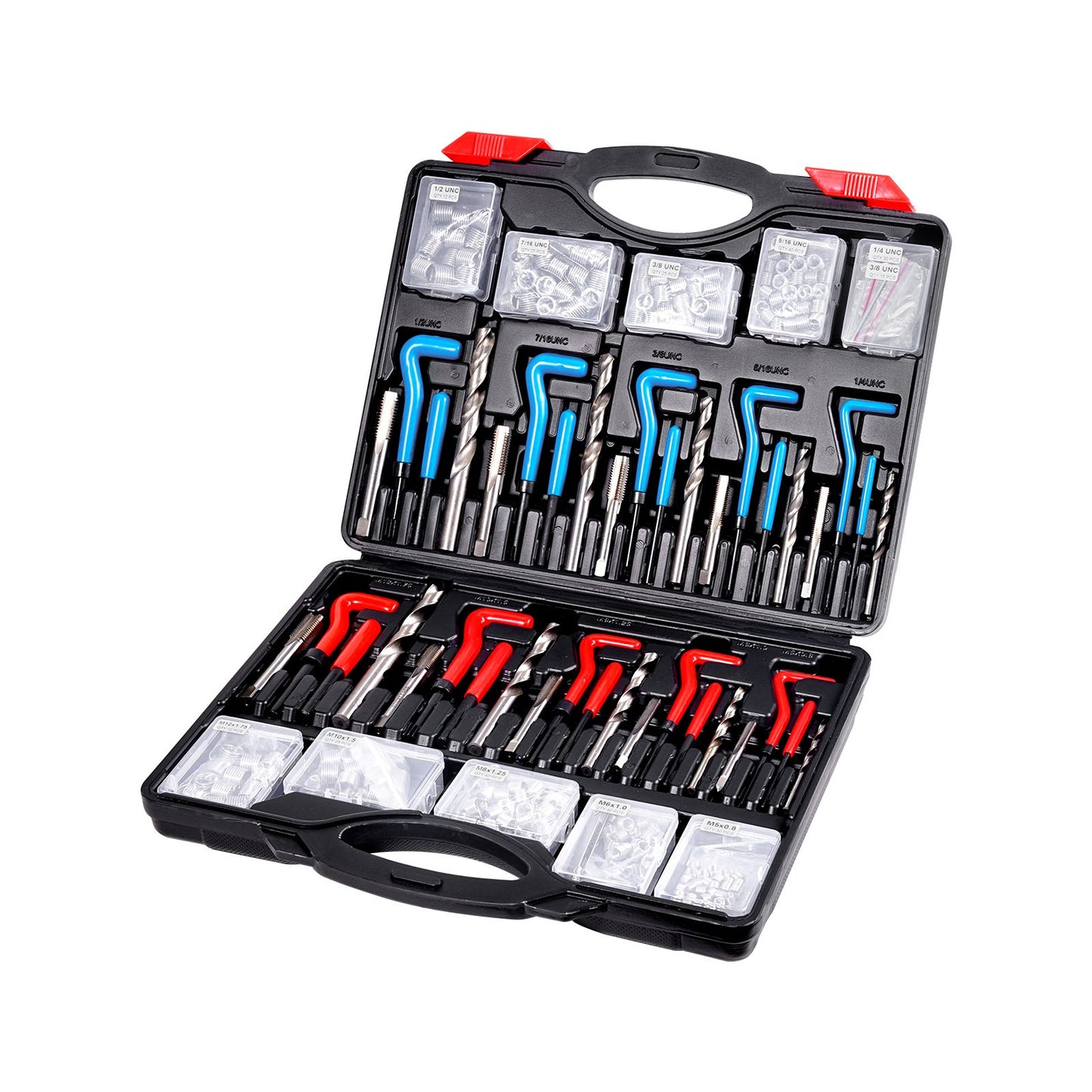 Helicoil Thread Repair Kit, 338-Piece SAE and Metric Rethreading Tool Kit, M5, M6, M8, M10, M12, 1/4", 5/16", 3/8", 7/16", 1/2", HSS Drill Bits Thread Inserts Taps Breakoff Installation Tools