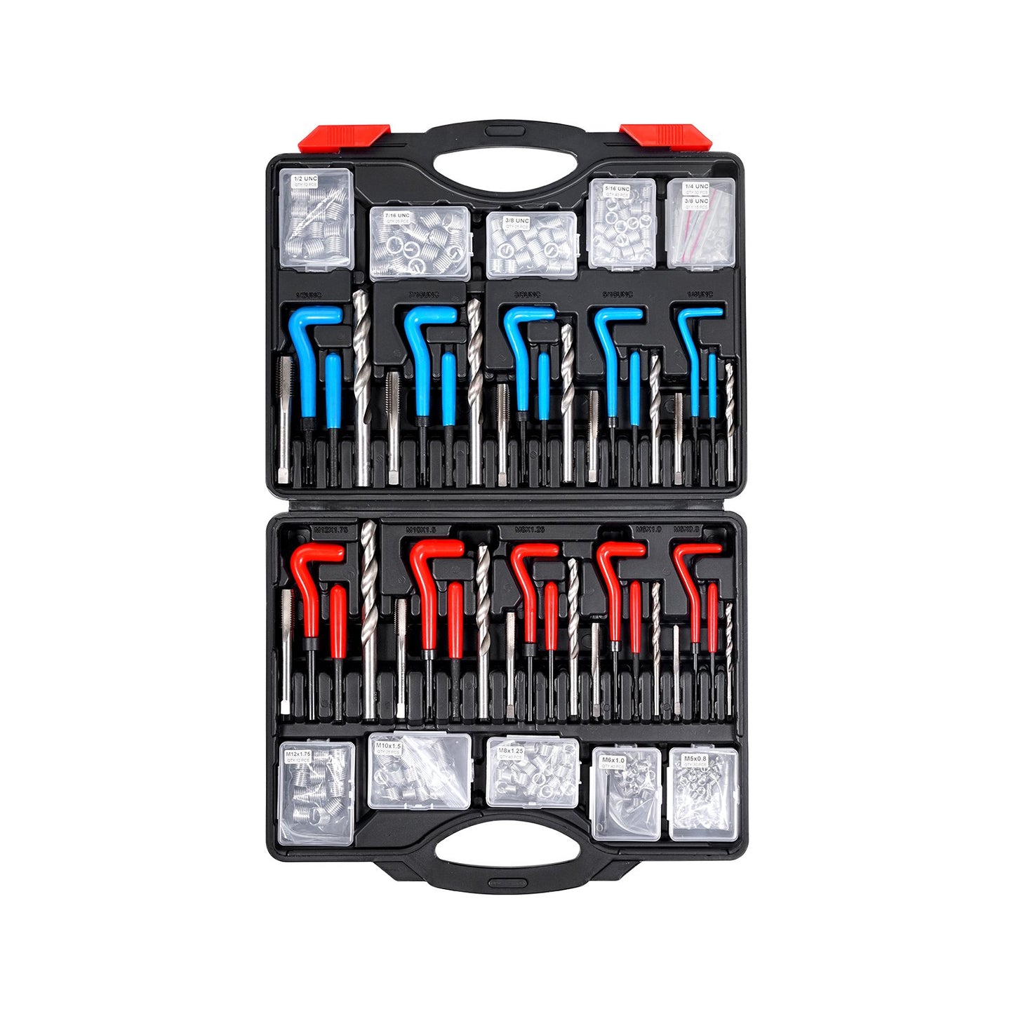 Helicoil Thread Repair Kit, 338-Piece SAE and Metric Rethreading Tool Kit, M5, M6, M8, M10, M12, 1/4", 5/16", 3/8", 7/16", 1/2", HSS Drill Bits Thread Inserts Taps Breakoff Installation Tools