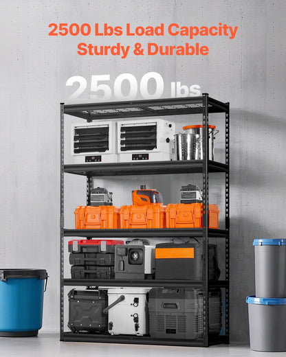 Storage Shelves, 2500 lbs, 5 Tier Heavy Duty Garage Shelving, 18" D x 48" W x 72" H Adjustable Metal Shelves for Industrial Shelving Unit Utility Shelf, for Kitchen, Warehouse, Basement, Black