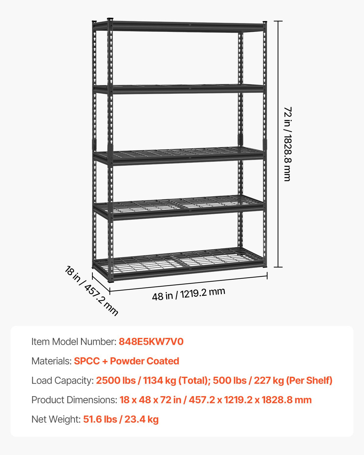 Storage Shelves, 2500 lbs, 5 Tier Heavy Duty Garage Shelving, 18" D x 48" W x 72" H Adjustable Metal Shelves for Industrial Shelving Unit Utility Shelf, for Kitchen, Warehouse, Basement, Black