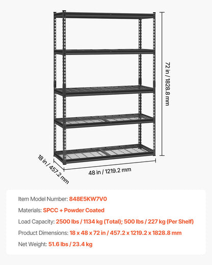 Storage Shelves, 2500 lbs, 5 Tier Heavy Duty Garage Shelving, 18" D x 48" W x 72" H Adjustable Metal Shelves for Industrial Shelving Unit Utility Shelf, for Kitchen, Warehouse, Basement, Black