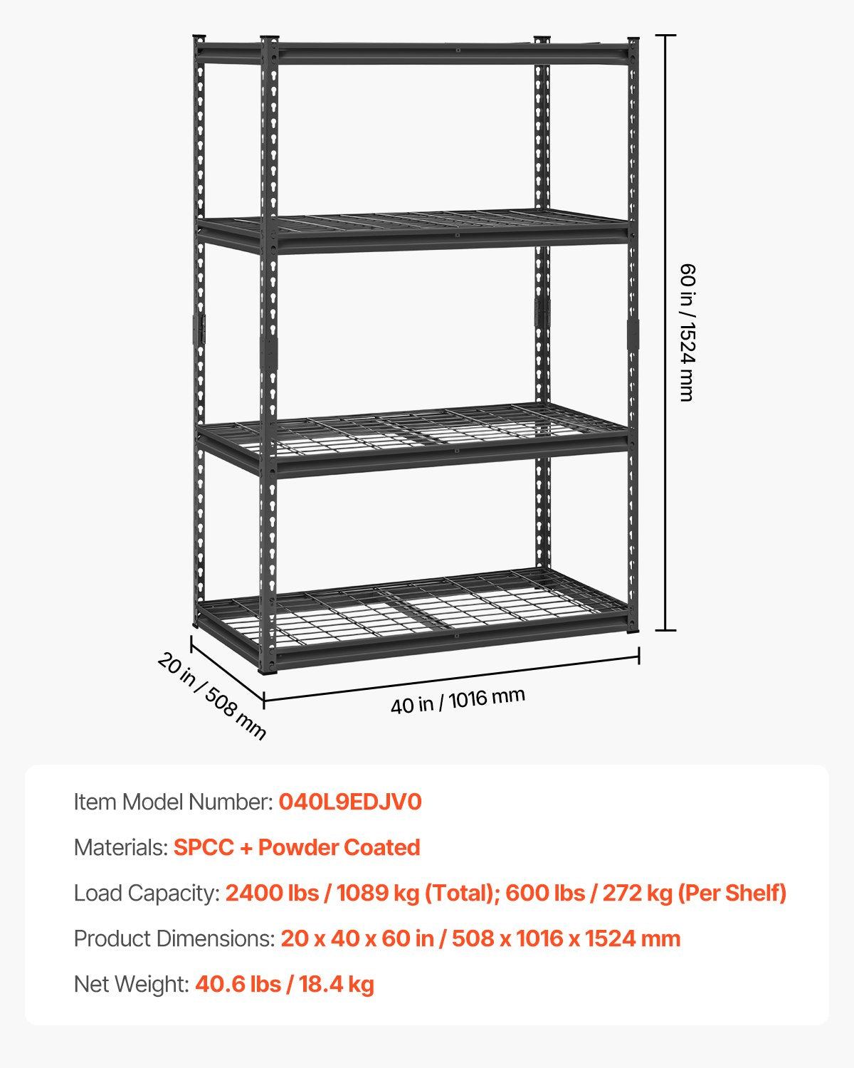 Storage Shelves, 2400 lbs, 4 Tier Heavy Duty Garage Shelving, 20" D x 40" W x 60" H Adjustable Metal Shelves for Industrial Shelving Unit Utility Shelf, for Kitchen, Warehouse, Basement, Black