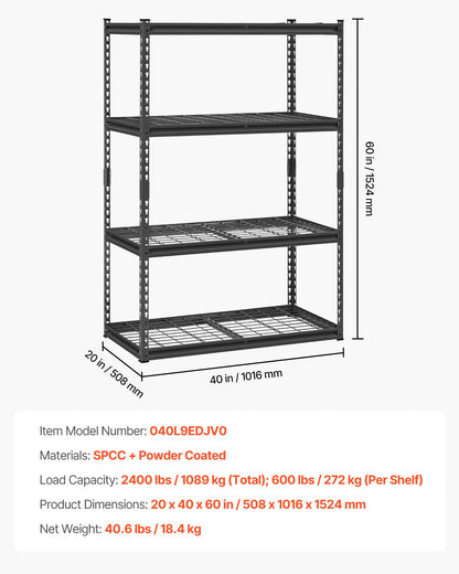 Storage Shelves, 2400 lbs, 4 Tier Heavy Duty Garage Shelving, 20" D x 40" W x 60" H Adjustable Metal Shelves for Industrial Shelving Unit Utility Shelf, for Kitchen, Warehouse, Basement, Black
