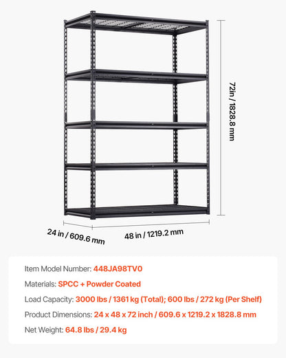 Storage Shelves, 3000 lbs, 5 Tier Heavy Duty Garage Shelving, 24" D x 48" W x 72" H Adjustable Metal Shelves for Industrial Shelving Unit Utility Shelf, for Kitchen, Warehouse, Basement, Black