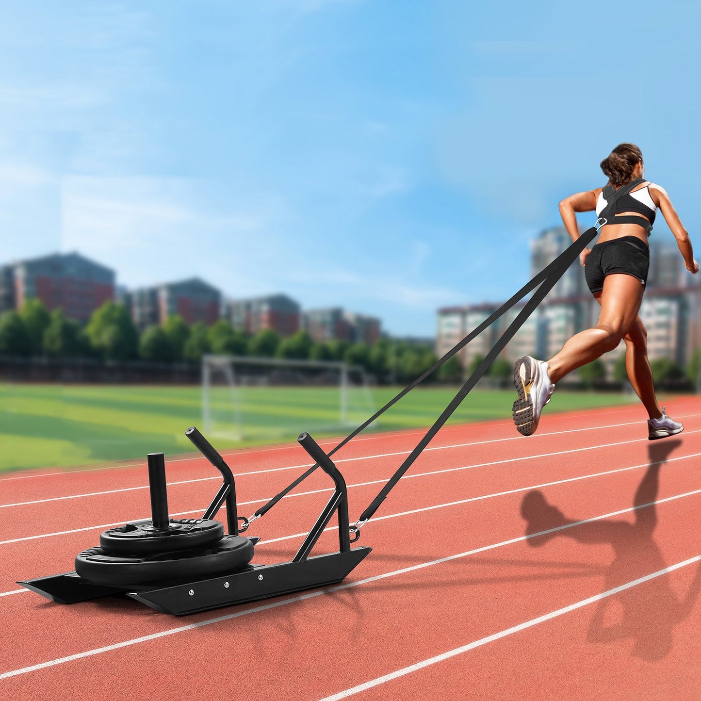 Gewichtsschlitten zum Ziehen, Fitness-Schlitten mit Griff für Kraft- und Schnelligkeitstraining, Trainingsgerät aus Stahl für athletische Übungen und Schnelligkeitsverbesserung, geeignet für 1"- und 2"-Gewichtsscheiben, Schwarz