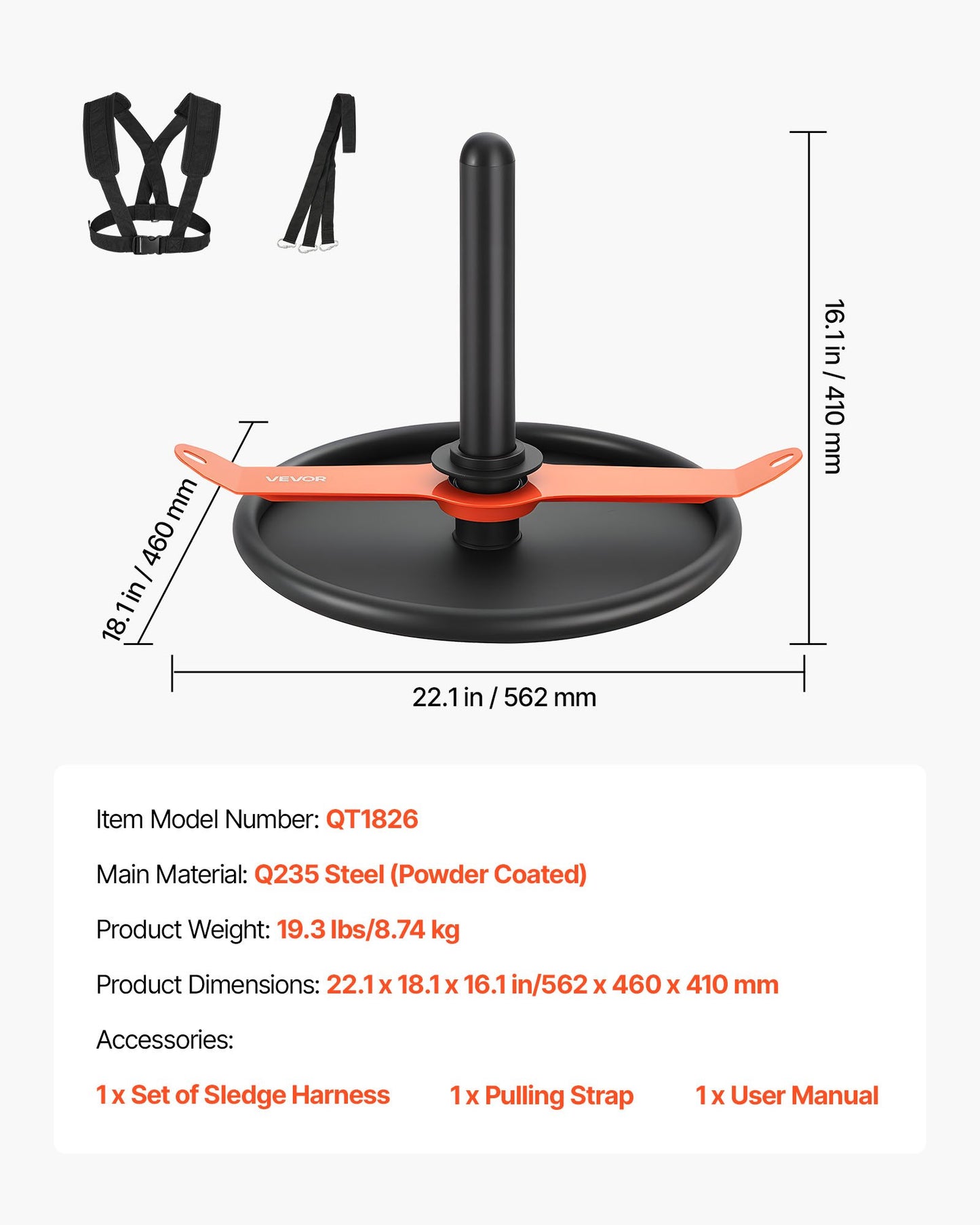 Gewichtsschlitten, Stahl-Kraftschlitten, Fitness-Schlitten für Krafttraining zur Verbesserung der Geschwindigkeit beim sportlichen Training, Trainingsgerät mit Gurtzeug, kompatibel mit 51-mm-Gewichtsscheiben, Orange &amp; Schwarz