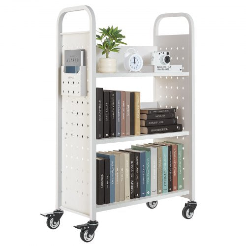 Rolling Library Book Cart, 150 kg Capacity, 77 x 38 x 122 cm Library Cart, Single Sided L-Shaped Shelves with 76.2 mm Lockable Wheels, Book Truck for Home Shelves Office and School, White