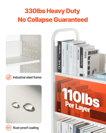 Rolling Library Book Cart, 150 kg Capacity, 77 x 38 x 122 cm Library Cart, Single Sided L-Shaped Shelves with 76.2 mm Lockable Wheels, Book Truck for Home Shelves Office and School, White