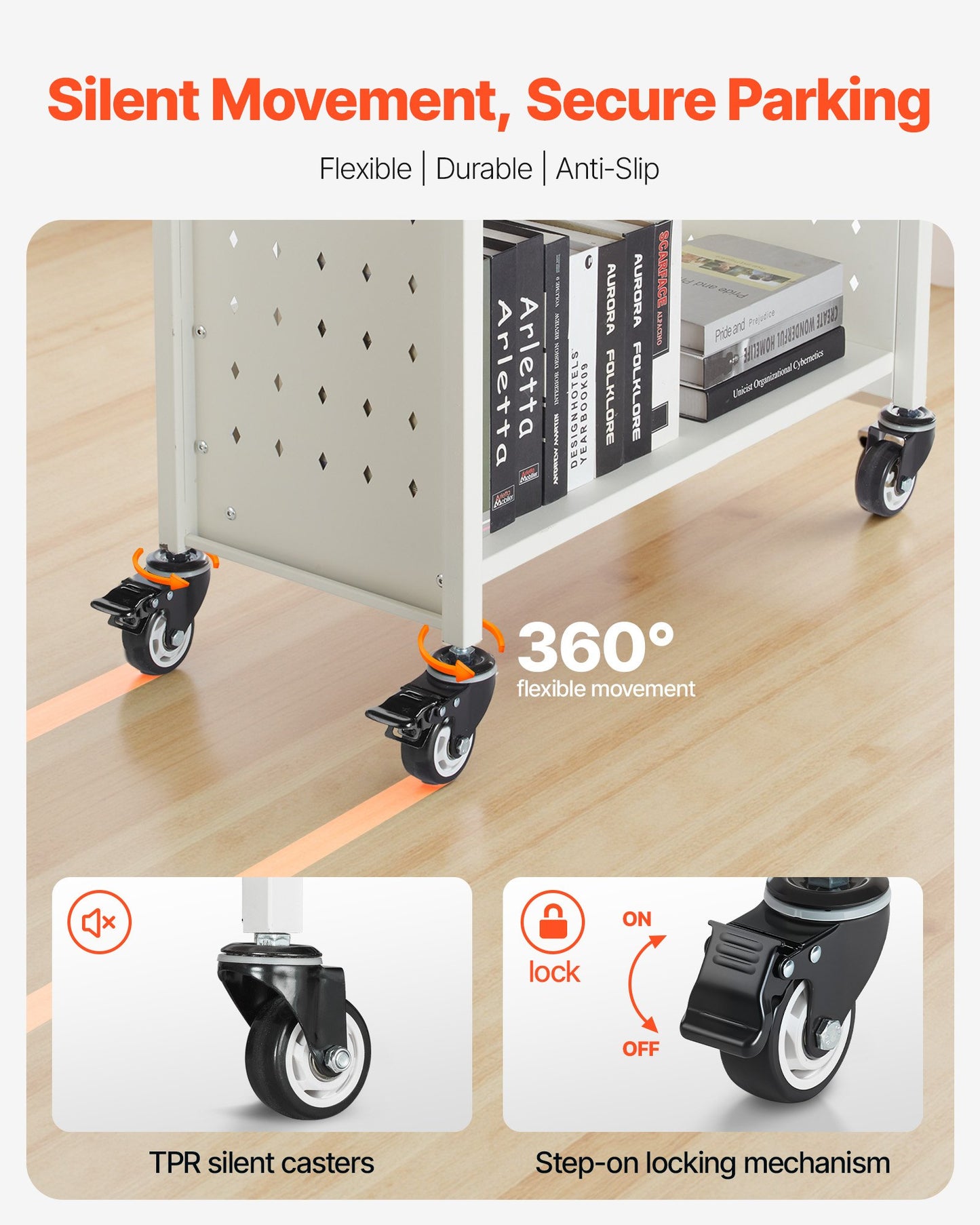 Rolling Library Book Cart, 150 kg Capacity, 77 x 38 x 122 cm Library Cart, Single Sided L-Shaped Shelves with 76.2 mm Lockable Wheels, Book Truck for Home Shelves Office and School, White