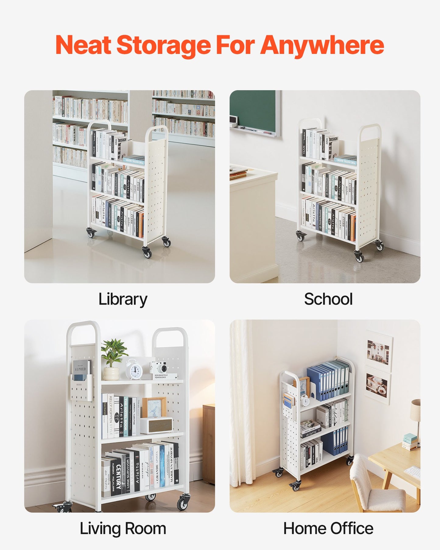 Rolling Library Book Cart, 150 kg Capacity, 77 x 38 x 122 cm Library Cart, Single Sided L-Shaped Shelves with 76.2 mm Lockable Wheels, Book Truck for Home Shelves Office and School, White