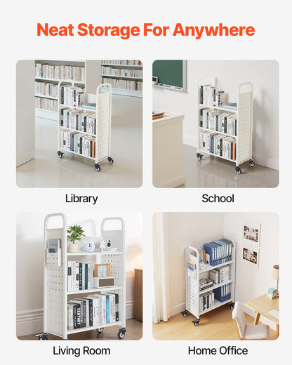 Rolling Library Book Cart, 150 kg Capacity, 77 x 38 x 122 cm Library Cart, Single Sided L-Shaped Shelves with 76.2 mm Lockable Wheels, Book Truck for Home Shelves Office and School, White