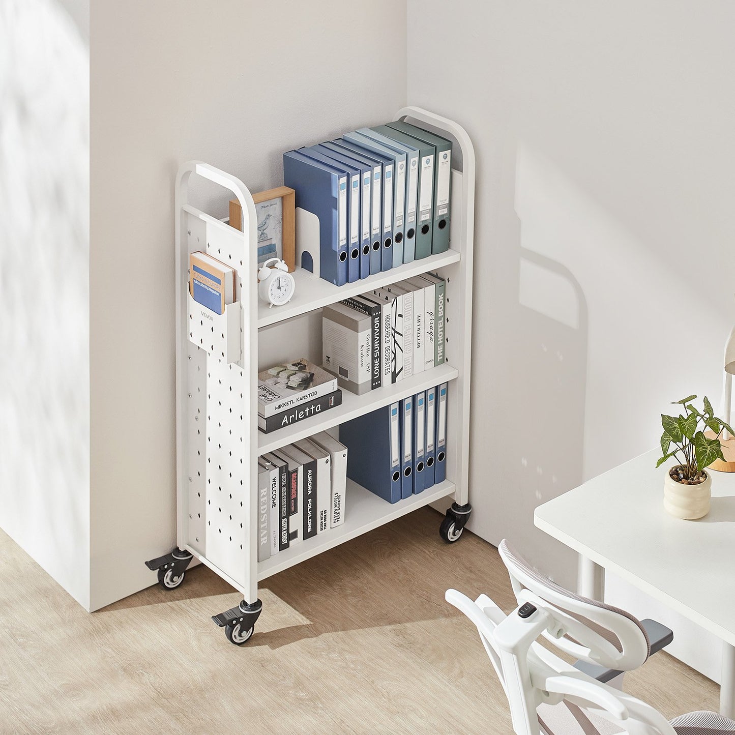 Rolling Library Book Cart, 150 kg Capacity, 77 x 38 x 122 cm Library Cart, Single Sided L-Shaped Shelves with 76.2 mm Lockable Wheels, Book Truck for Home Shelves Office and School, White