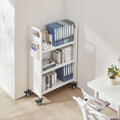 Rolling Library Book Cart, 150 kg Capacity, 77 x 38 x 122 cm Library Cart, Single Sided L-Shaped Shelves with 76.2 mm Lockable Wheels, Book Truck for Home Shelves Office and School, White