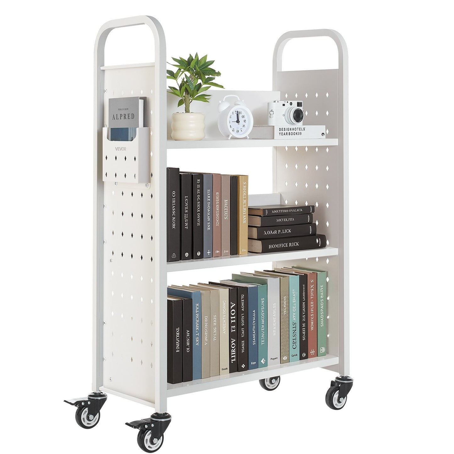 Rolling Library Book Cart, 150 kg Capacity, 77 x 38 x 122 cm Library Cart, Single Sided L-Shaped Shelves with 76.2 mm Lockable Wheels, Book Truck for Home Shelves Office and School, White