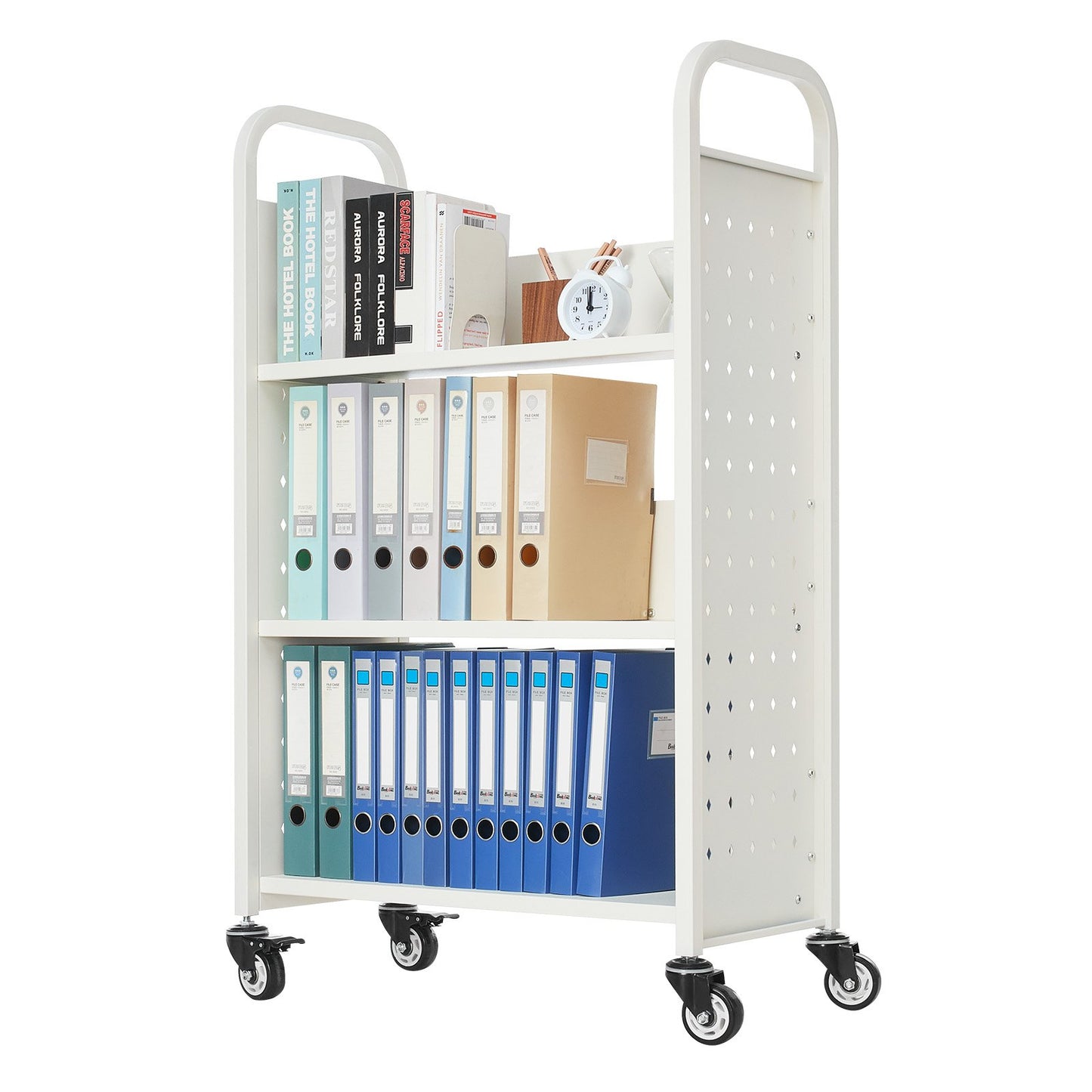Rolling Library Book Cart, 150 kg Capacity, 77 x 38 x 122 cm Library Cart, Single Sided L-Shaped Shelves with 76.2 mm Lockable Wheels, Book Truck for Home Shelves Office and School, White