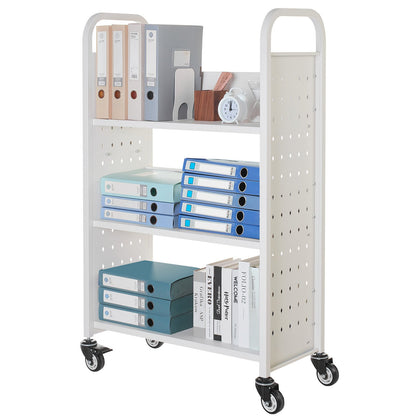 Rolling Library Book Cart, 150 kg Capacity, 77 x 38 x 122 cm Library Cart, Single Sided L-Shaped Shelves with 76.2 mm Lockable Wheels, Book Truck for Home Shelves Office and School, White