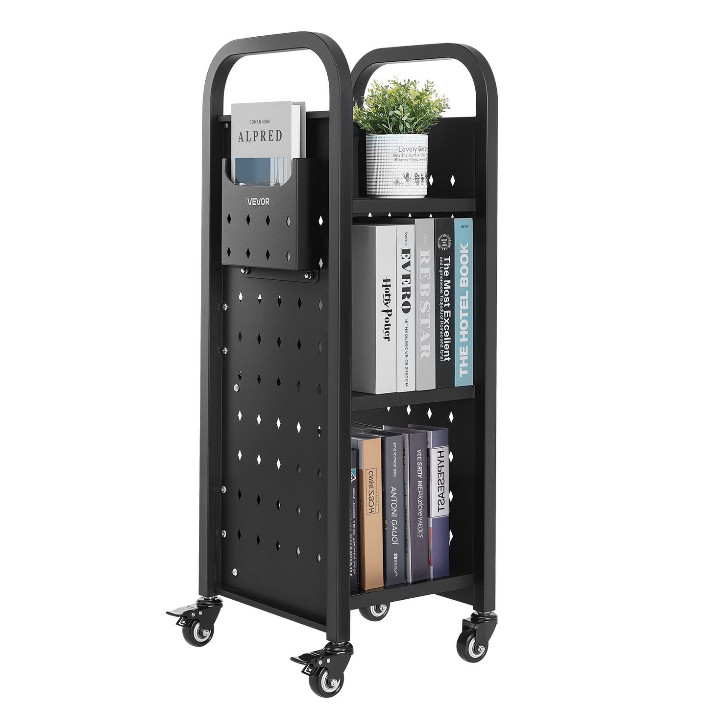 Rolling Library Book Cart, 100 kg Capacity, 32 x 35 x 93.5 cm Library Cart, Single Sided L-Shaped Shelves with 50.8 mm Lockable Wheels, Book Truck for Home Shelves Office and School, Black