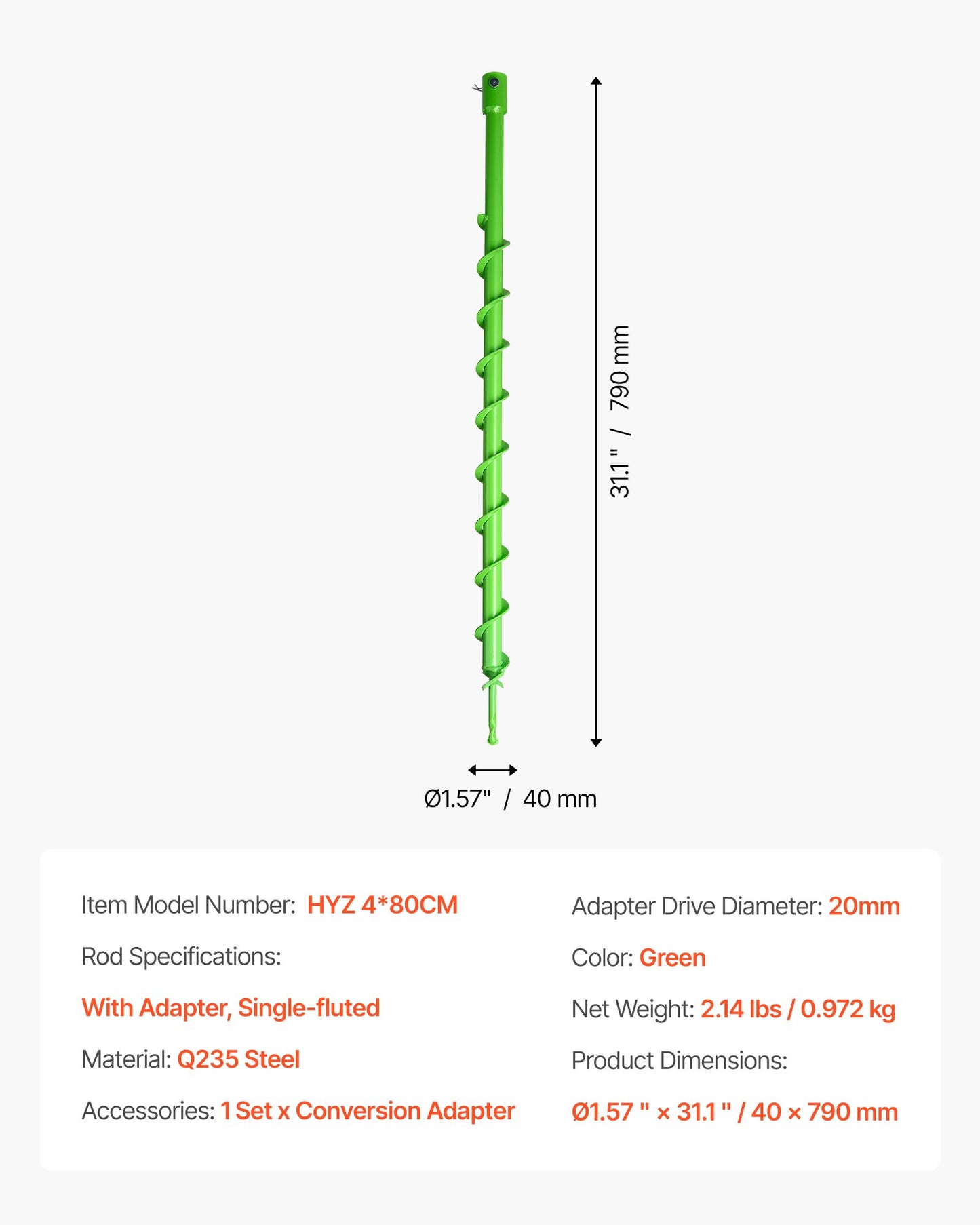 Auger Drill Bit for Planting, 40 x 800 mm Spiral Drill Bit, Compatible with 20mm ID Drive Drills, Heavy Duty Bulb Planter Tool, Post Hole Drilling Attachments for Garden Digger Fence