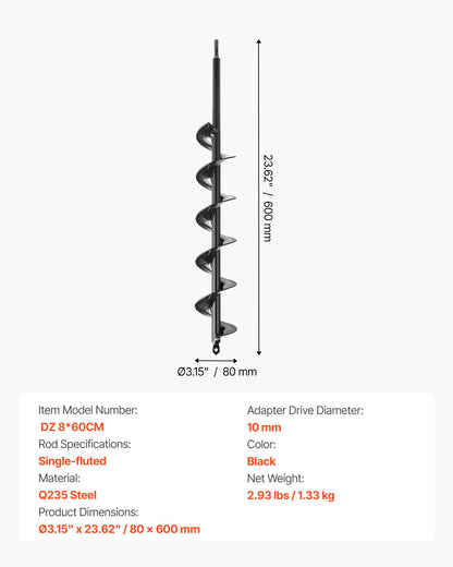 Erdbohrer für Pflanzarbeiten, 80 x 600 mm Spiralbohrer, für 3/8"-Sechskantantrieb-Bohrmaschinen, robustes Werkzeug zum Pflanzen von Blumenzwiebeln, Bohraufsätze für Gartenpfosten- und Zaunlochbohrer