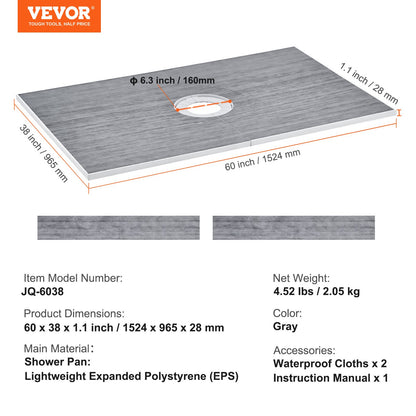 Duschwannen-Set (1524 x 965 mm) mit 160-mm-Mittelablauf, leichtes EPS-Duschinstallationsset mit 2 wasserdichten Tüchern, Duschwannen-Gefällestangen für Badezimmer
