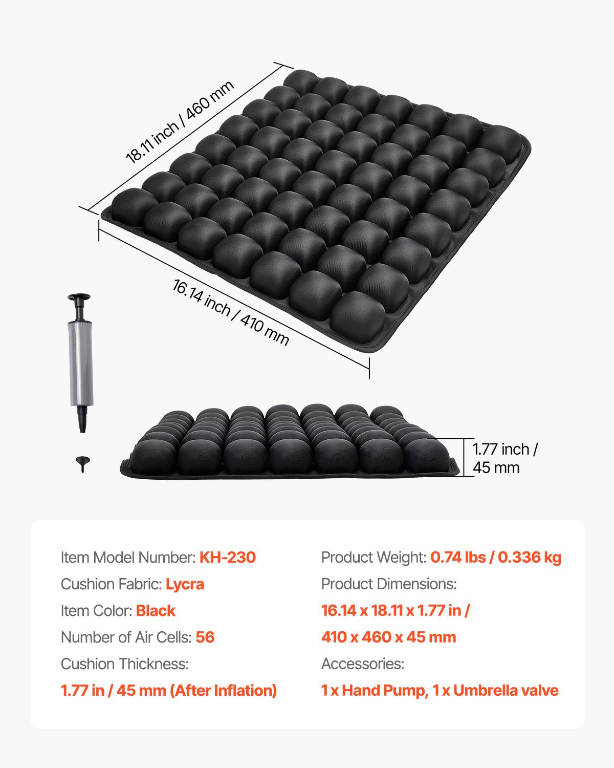 Aufblasbares Sitzkissen, 3D-Luftzellen-Sitzkissen zur Druckentlastung, Rollstuhlsitzauflage aus Lycra und TPU mit Handpumpe, leicht und tragbar für Reisen, Büro, Auto und Flugzeug