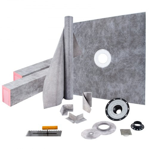 Shower Curb Kit, 121.9 x 121.9 cm Watertight Shower Curb Overlay with 10.2 cm ABS Central Bonding Flange,10.2 cm Stainless Steel Grate,2 Cuttable Shower Curb and Trowel,Shower Pan Slope Sticks