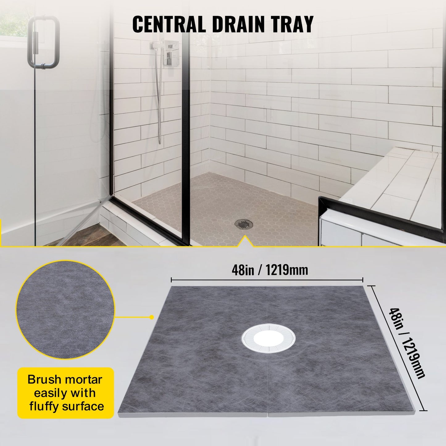 Shower Curb Kit, 121.9 x 121.9 cm Watertight Shower Curb Overlay with 10.2 cm ABS Central Bonding Flange,10.2 cm Stainless Steel Grate,2 Cuttable Shower Curb and Trowel,Shower Pan Slope Sticks