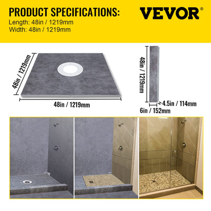 Shower Curb Kit, 121.9 x 121.9 cm Watertight Shower Curb Overlay with 10.2 cm ABS Central Bonding Flange,10.2 cm Stainless Steel Grate,2 Cuttable Shower Curb and Trowel,Shower Pan Slope Sticks
