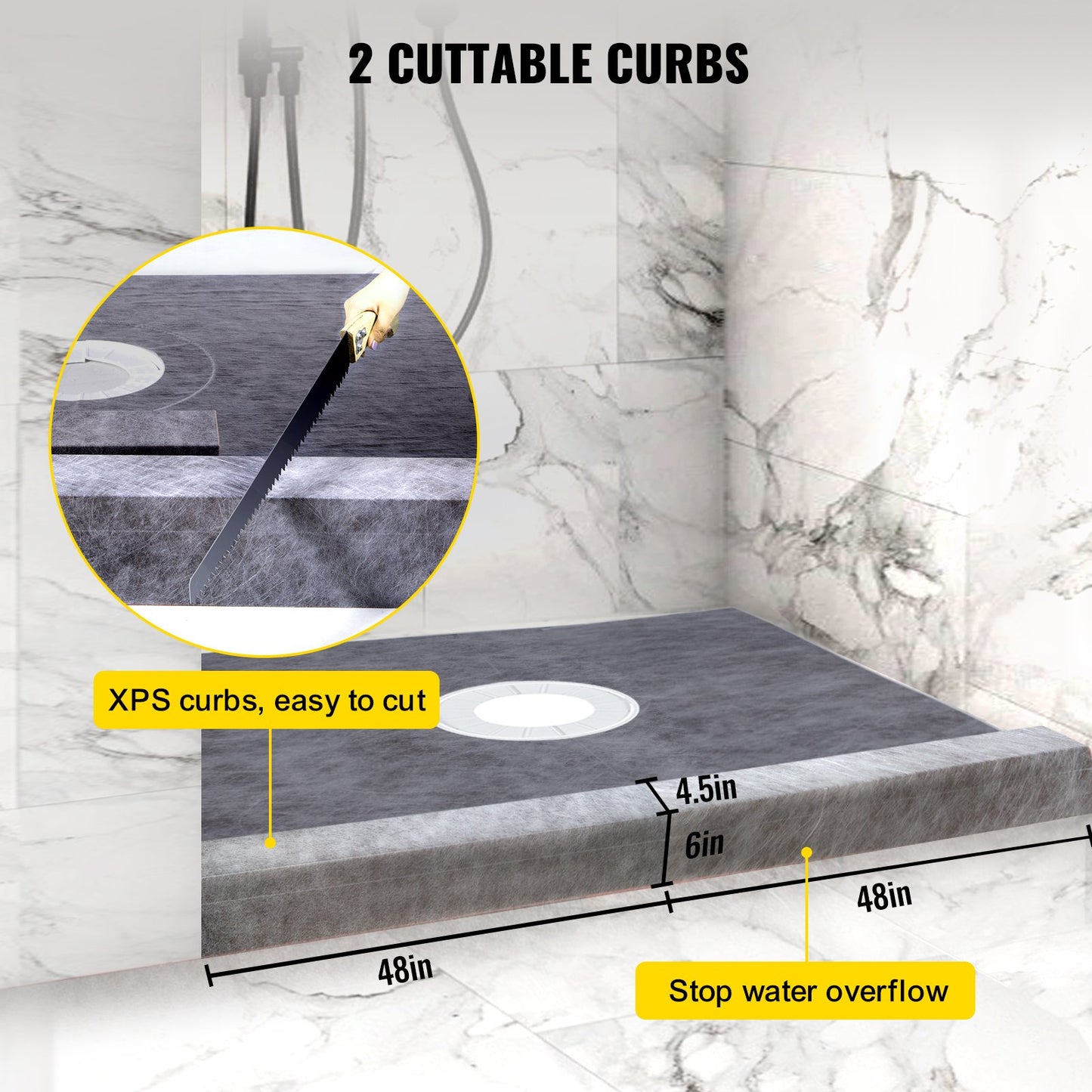 Shower Curb Kit, 48"x48" Watertight Shower Curb Overlay with 4\" PVC Central Bonding Flange, 4\" Stainless Steel Grate, 2 Cuttable Shower Curb and Trowel, Shower Pan Slope Sticks Fit for Bathr
