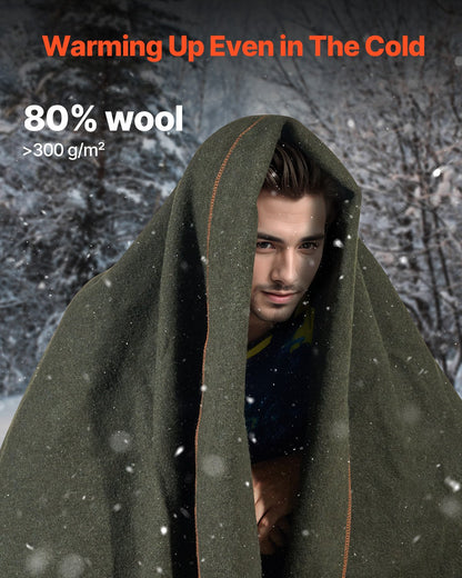 Wool Camping Blanket 1,62x2,23m / 64" x 88" Warm for Camping Hiking Travel Army Green