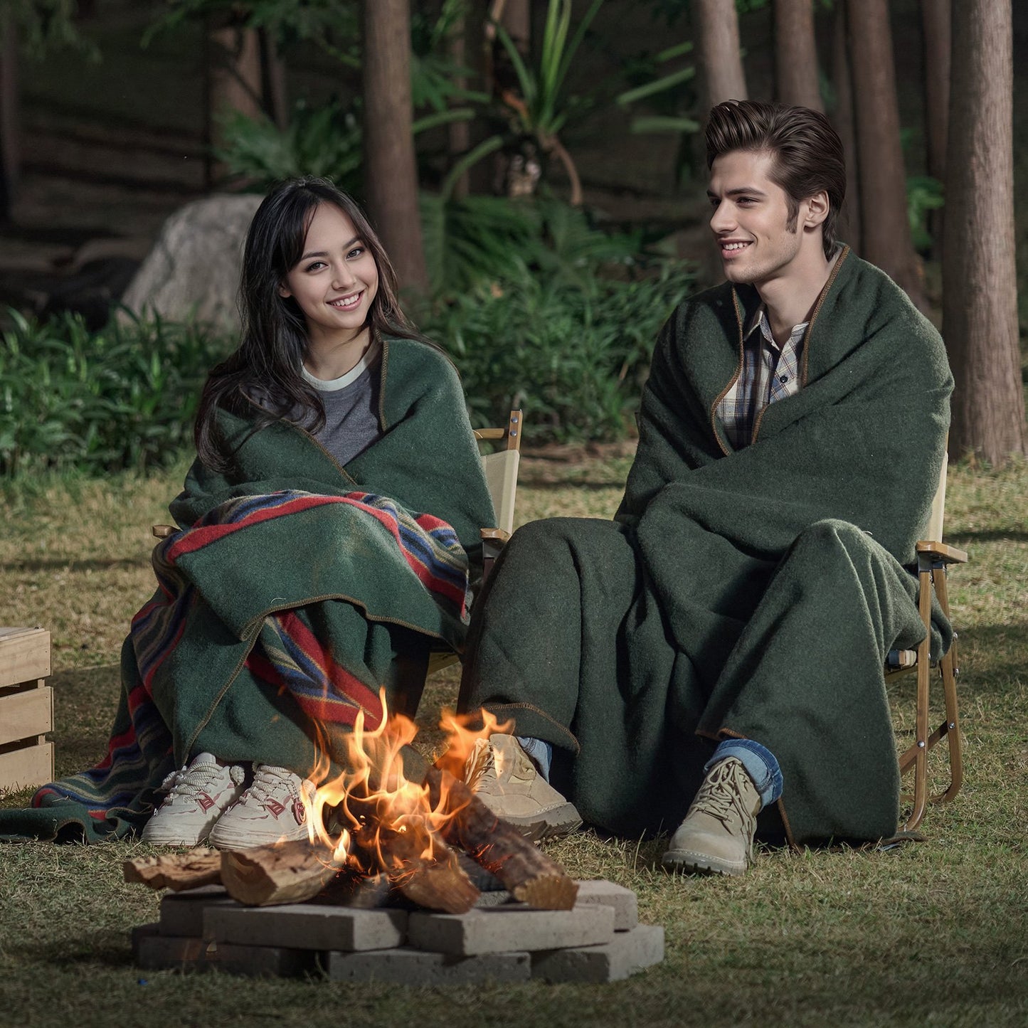 Wool Camping Blanket 1,62x2,23m / 64" x 88" Warm for Camping Hiking Travel Army Green