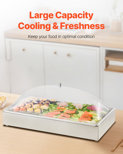 Countertop Food Serving Display Container, 1 x 1 Pan Stainless Steel Food Serving Tray, Buffet Condiment Dispenser Display Rack with Clear Arc Lid & 3 Ice Trays, for Restaurant, Hotel, Party