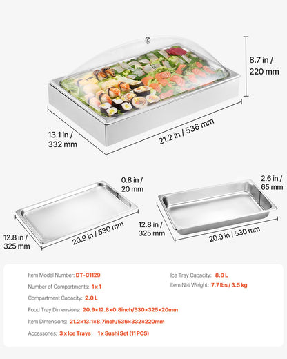 Countertop Food Serving Display Container, 1 x 1 Pan Stainless Steel Food Serving Tray, Buffet Condiment Dispenser Display Rack with Clear Arc Lid & 3 Ice Trays, for Restaurant, Hotel, Party