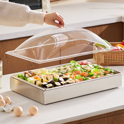 Countertop Food Serving Display Container, 1 x 1 Pan Stainless Steel Food Serving Tray, Buffet Condiment Dispenser Display Rack with Clear Arc Lid & 3 Ice Trays, for Restaurant, Hotel, Party