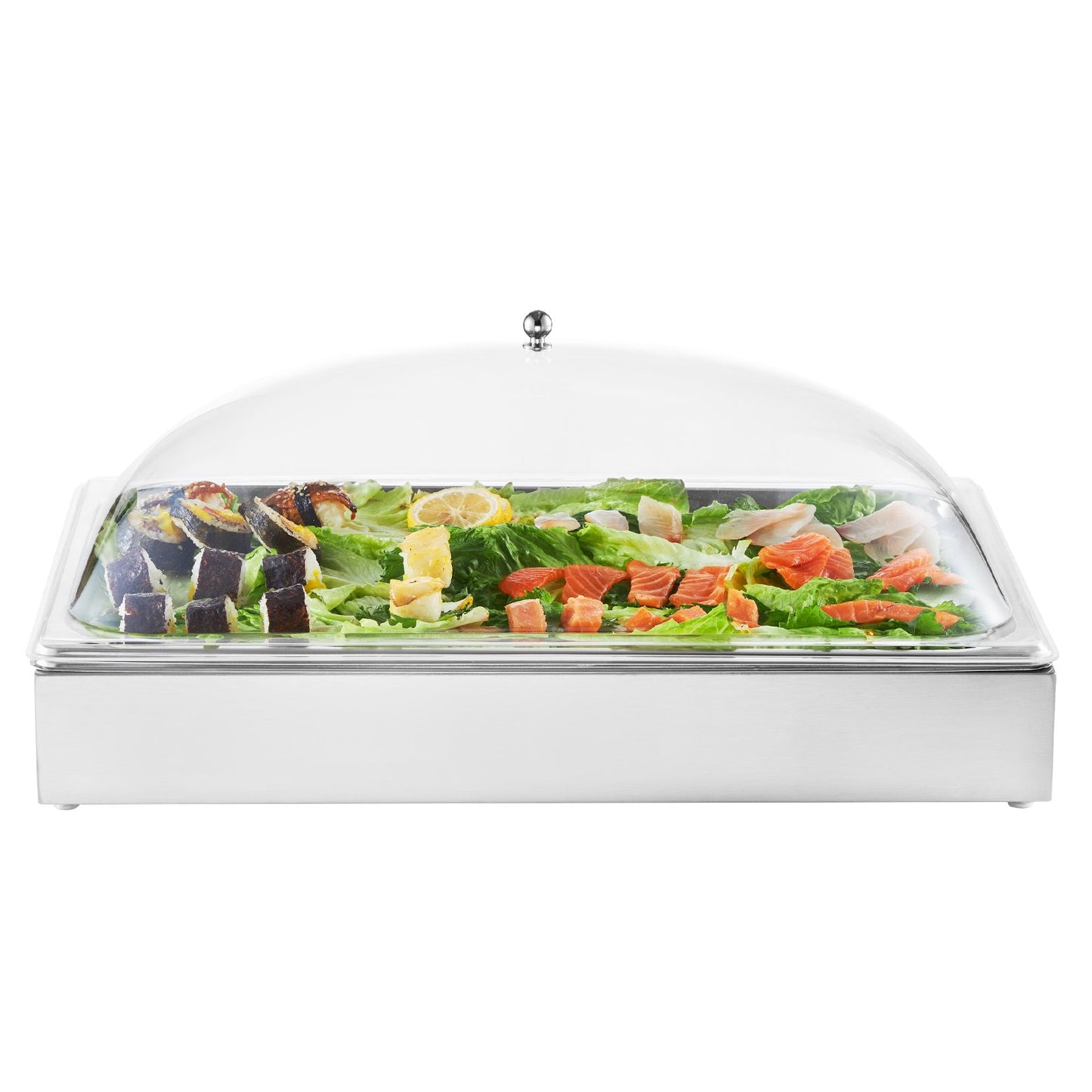 Countertop Food Serving Display Container, 1 x 1 Pan Stainless Steel Food Serving Tray, Buffet Condiment Dispenser Display Rack with Clear Arc Lid & 3 Ice Trays, for Restaurant, Hotel, Party