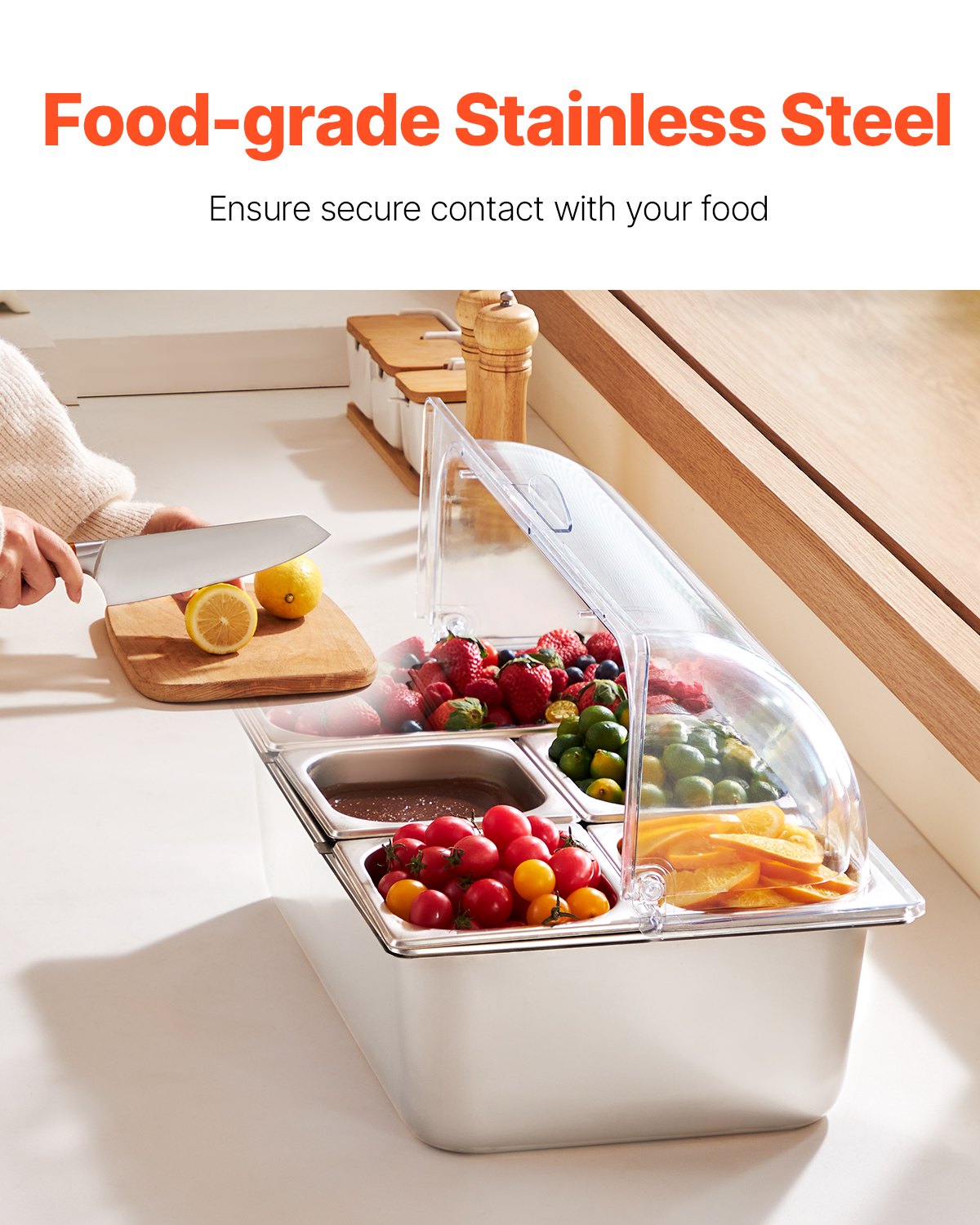 Countertop Food Serving Display Container, 5 Pan Stainless Steel Food Serving Tray, Buffet Condiment Dispenser Display Rack with Clear Lid & 3 Freezer Boxes, for Restaurant Hotel Kitchen Party