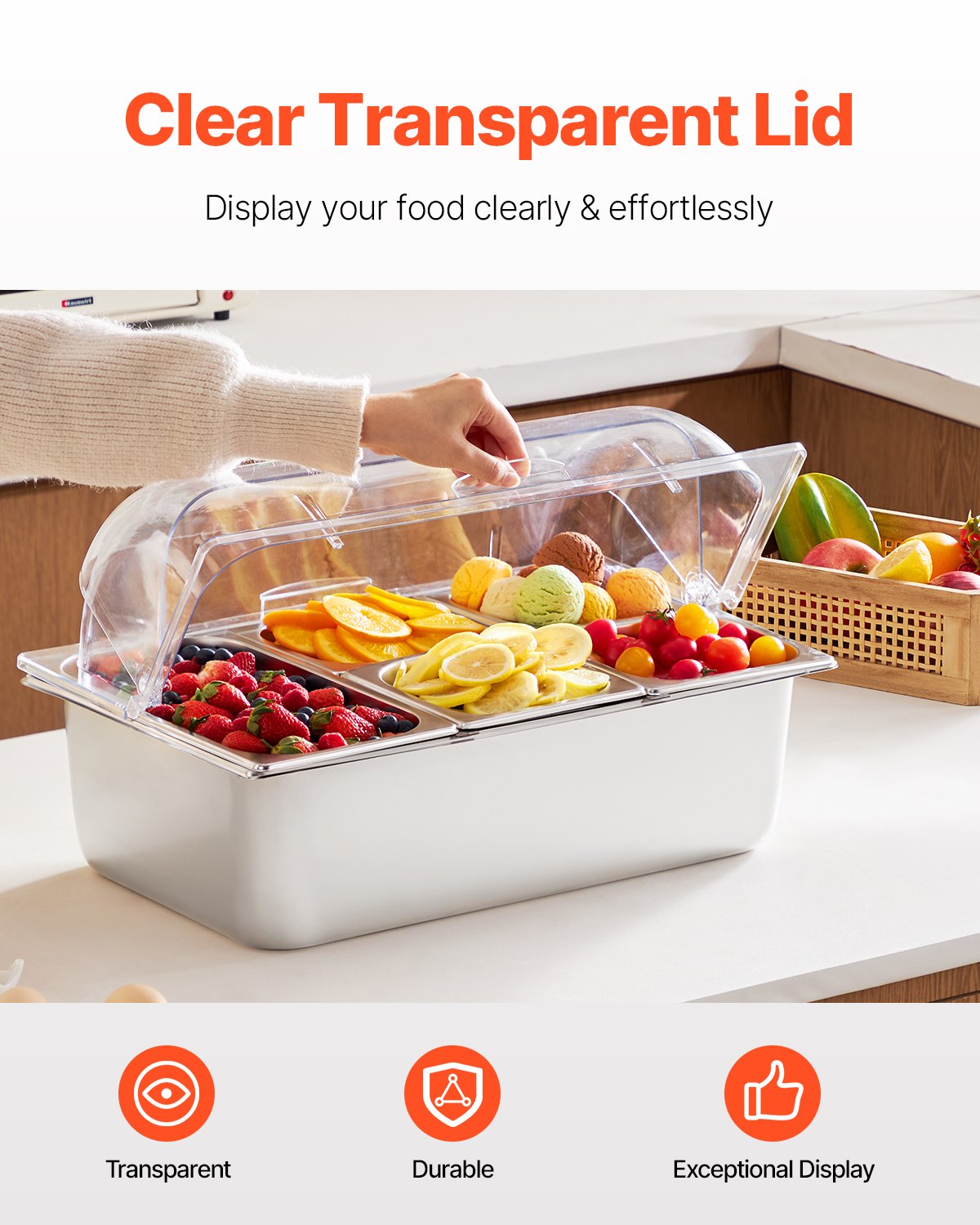 Countertop Food Serving Display Container, 5 Pan Stainless Steel Food Serving Tray, Buffet Condiment Dispenser Display Rack with Clear Lid & 3 Freezer Boxes, for Restaurant Hotel Kitchen Party