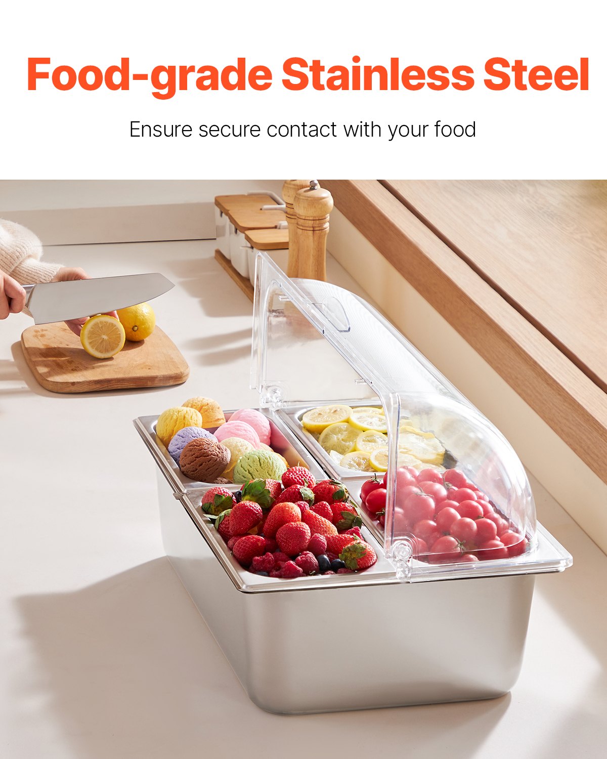 Countertop Food Serving Display Container, 4 Pan Stainless Steel Food Serving Tray, Buffet Condiment Dispenser Display Rack with Clear Lid & 3 Freezer Boxes, for Restaurant Hotel Kitchen Party