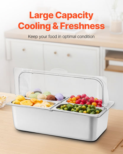 Countertop Food Serving Display Container, 4 Pan Stainless Steel Food Serving Tray, Buffet Condiment Dispenser Display Rack with Clear Lid & 3 Freezer Boxes, for Restaurant Hotel Kitchen Party